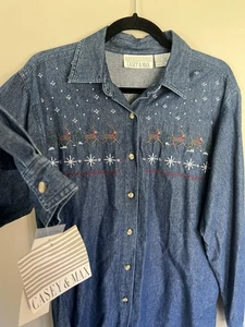 Casey & Max VTG Button Up Christmas Holiday Cross Stitch Reindeer Embroidered M - Picture 1 of 7