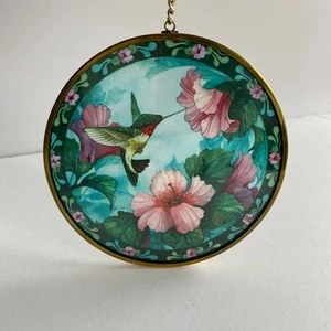 Stain Glass Sun Catcher Hummingbird Hibiscus Flowers 4.5" Round Vintage - Picture 1 of 5