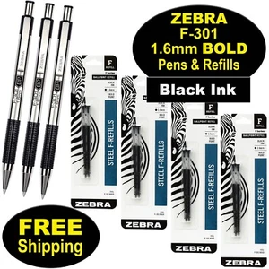 Zebra F-301 Bold 1.6mm, Black Ink, 3 Pens With 4 Packs of Refills - Picture 1 of 6