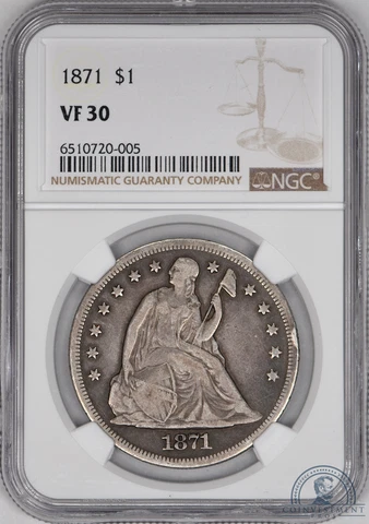 1871 Seated Liberty Silver Dollar $1 NGC VF30 - Choice Original! Cover