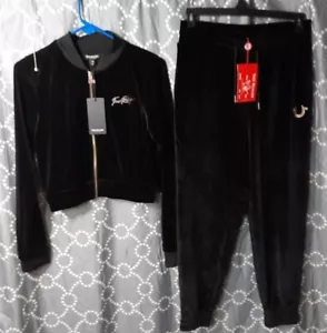 True Religion Velour Women's Sweat Suit Sz. Large Black Full Zip Jacket &Joggers - Picture 1 of 22