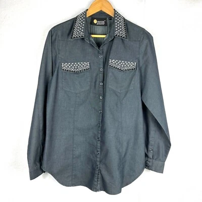 Camisa occidental Christine Alexander adornada con diamantes de imitación plisada abotonada talla M Foto 1 de 4