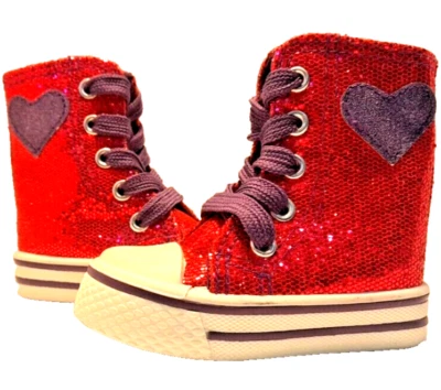 Girls Sneakers Red Glitter Purple Heart Lace Up Zip High Top Shoes 5 Bling - Image 1 of 4