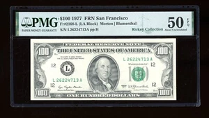 DBR 1977 $100 FRN San Francisco Fr. 2168-L PMG AU-50 EPQ Serial L26224713A - Picture 1 of 2