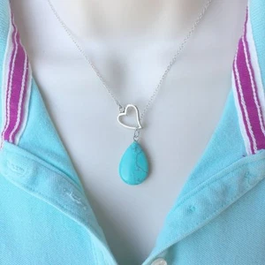 I Love Turquoise Teardrop Handcrafted Silver Lariat Style Y Necklace. - Picture 1 of 6