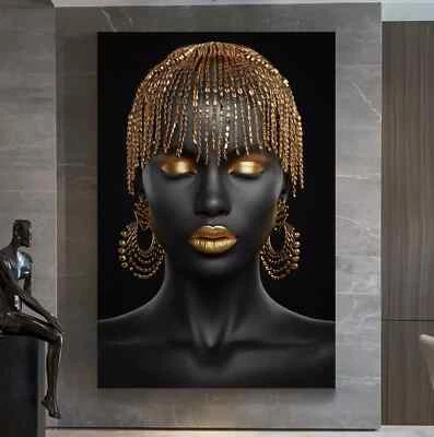 LEINWAND BILD 80x50x5 FRAU GOLD-SCHMUCK ABSTRAKT MODERNE KUNST SCHWARZ - Bild 1 von 2