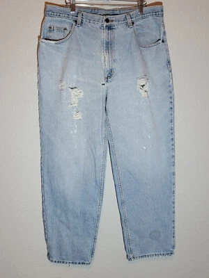 jeans savane masculino tamanho 36x30 relaxado cônico desgastado denim lavagem clara azul - Imagem 1 de 4