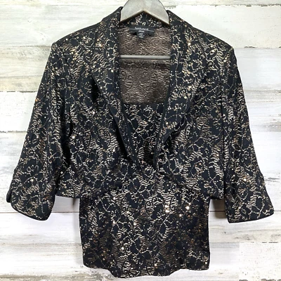R&M Richards Womens Black & Gold Sequin Tank and Cropped Blazer Set Jacket 12P - Image 1 of 4