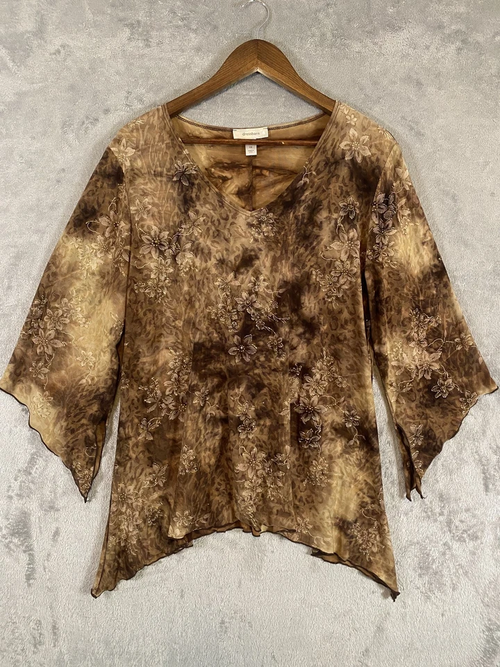 Dressbarn 衬衫女式 1X 花卉动物印花手帕下摆美国波西米亚仙女 — 第 1/4 张图片