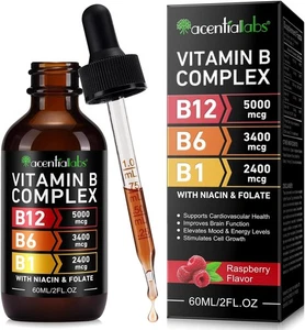 Vitamin B Complex Liquid Drops 60ml |B12 5000 mcg B6 3400 mcg & B1 2400 mcg |Vit - Picture 1 of 9
