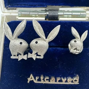 Playboy Bunny 1950s 1960s vintage silver tone cufflinks cuff links tie tack set - Picture 1 of 8