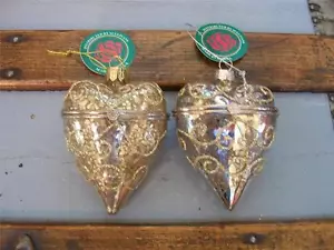 2 NWT 3.5" Mercury GLASS Hinged HEART Box CHRISTMAS Ornaments 1 GOLD & 1 SILVER - Picture 1 of 7