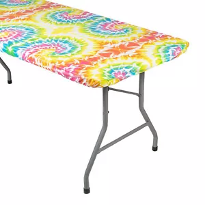 Fun Express 8 Ft. Tie Dye Fitted Rectangle Plastic Tablecloth - Picture 1 of 2