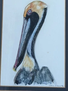 Original Naïve art watercolour painting by Bodmin artist John Elsworthy Pelican - Picture 1 of 17