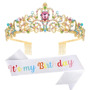 YISSION Birthday Girl Sash & Crown, Colorful Tiara, Party Decorations - Picture 1 of 9