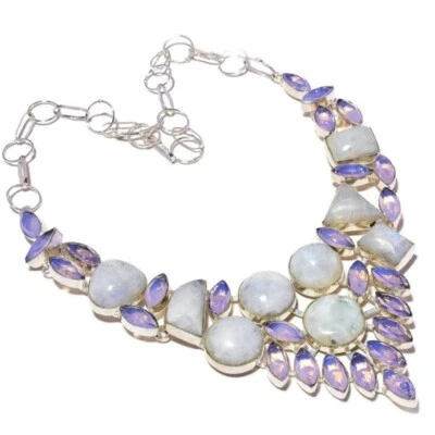 Collar de palanca hecho a mano con piedras preciosas de ópalo rosa, piedra lunar blanca fuego azul cabujón Foto 1 de 4