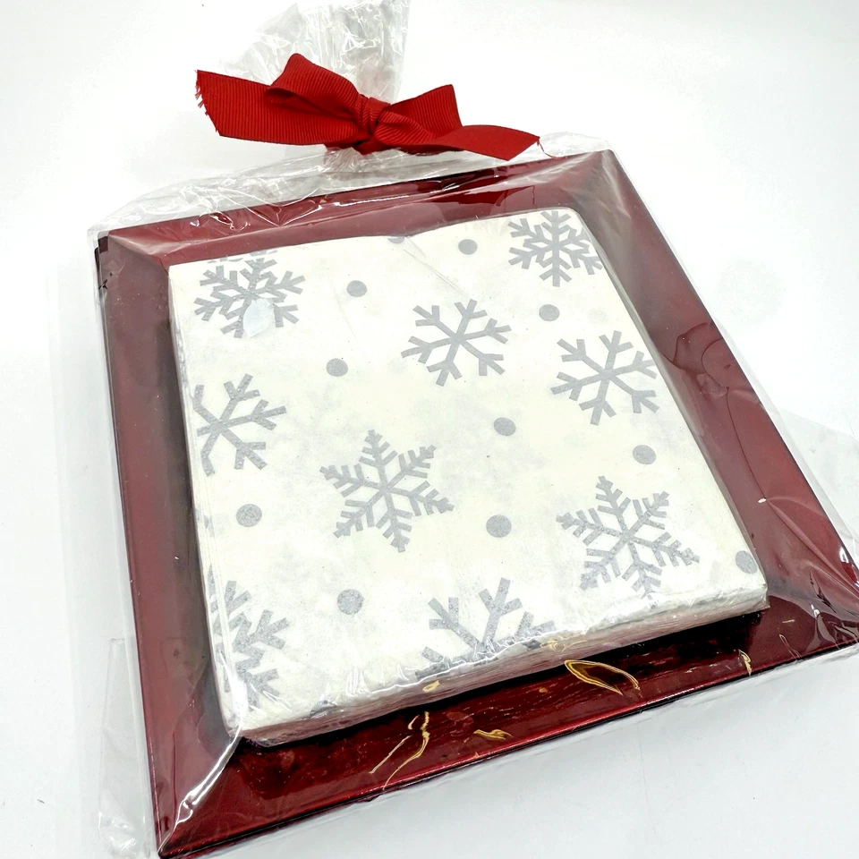 4 Crate And Barrel Red Appetizer Dessert Plates w Napkins Christmas Hostess Gift - Image 1 of 4