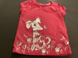 Gymboree Girl SZ 5 Deep Pink Cotton Top w/ white Dog & Floral Graphics - Picture 1 of 13
