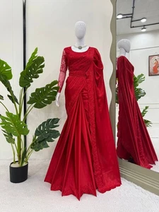 Sari de seda satinado rojo aspecto Bollywood con blusa para ropa de compromiso india - Imagen 1 de 14