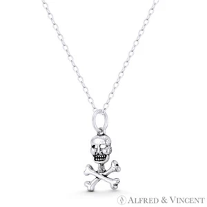 Skull Skeleton Crossbone Halloween Charm Pendant in Oxidized 925 Sterling Silver - Picture 1 of 1