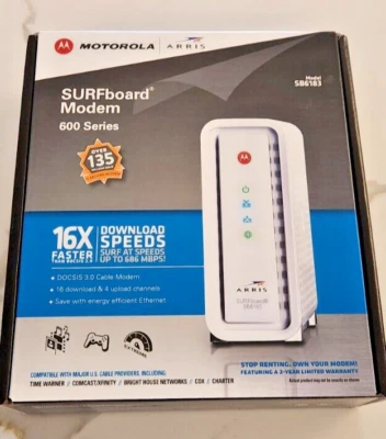 ARRIS Surfboard SB6183 Cable Modem DOCSIS 3.0 w/ Original Box, Pwr, Ethernet Cbl - Image 1 of 2