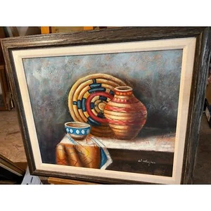 signed W. Harper oil on canvas painting framed Still life with basket bowl vase - Picture 1 of 5