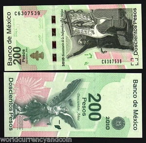 MEXICO 200 PESOS P-129 2010 COMMEMORATIVE 100th REVOLUTION LIBERTY NOTE UNC NOTE - Picture 1 of 3