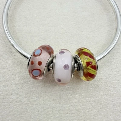 Pandora Sterling Silver Murano Glass 3 Bead Lot Pink Yellow Red Dots Fun - Image 1 of 4