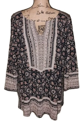 Lucky Brand - черный и коричневый богемное печать вязаная туника - женский размер 1 X - Изображение 1 из 3