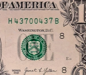 Fancy Serial Number $1 Bill Series 2021~43700437~ ((Triple Bookends/4 Pair))AU - Picture 1 of 3