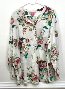 Woman Within Floral Blouse Top 2X 100% Cotton L/S Pullover Tunic Semi Sheer - Picture 1 of 4