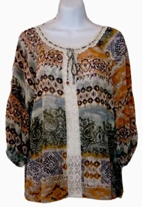 Umgee Top S / M Flowy Boho Hippie Lace Trim Silky Sheer Peasant Shirt Blouse - Picture 1 of 4