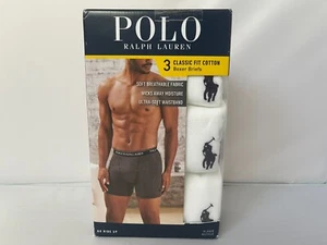 POLO RALPH LAURENLA LARGE 3 Pack Classic Fit Cotton Boxer Briefs White With Logo - Picture 1 of 2