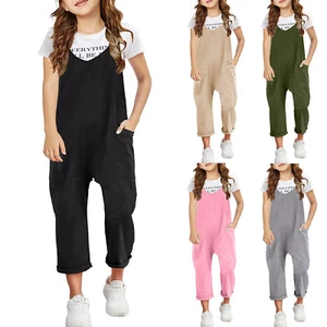 Girls' Casual Sleeveless Jumpsuits Spaghetti Strap Loose Romper Long Pant Pocket - Picture 1 of 34