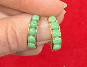 14k Gold Green Jade Dot Hoop Earrings - Picture 1 of 13