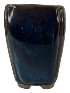Small Planter Blue & Brown Glazed Clay Drainage Hole In Bottom - Picture 1 of 6