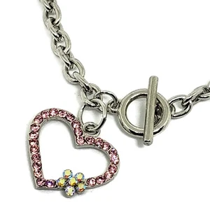 Pink Heart Bracelet Rhinestone Toggle Clasp Charm Chain Shiny Bling Y2K Style - Picture 1 of 6