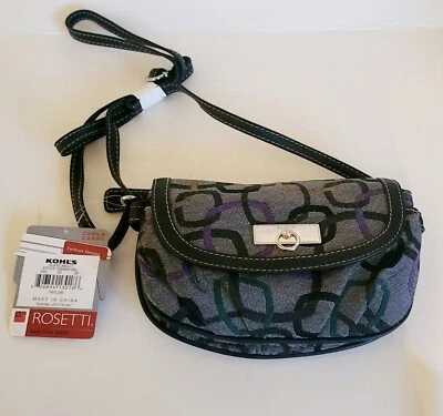 Bolsa tiracolo Rosetti pequena dinheiro e transporte nova com etiquetas tecido ardósia cinza roxo preto - Imagem 1 de 4