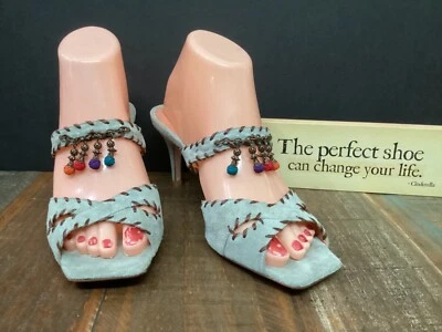 Sandálias salto deslizante camurça cinza azul vintage L'Autre Chose 38 1/2 contas ponto chicote - Imagem 1 de 4