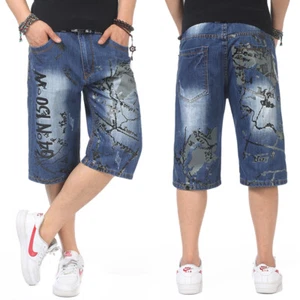 Herren Denim Shorts Jeans breites Bein entspannte Passform junge Teenager Druck Figur W30 W32 - Bild 1 von 9
