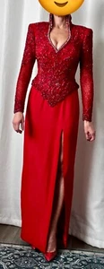 Red-Beaded Evening Gown -Small/Size 4 -Long Sleeves -Mother/Bride -Maid of Honor - Picture 1 of 9
