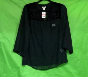 Style & Co Mixed-Media Sheer-Sleeve Blouse Black XS - Picture 1 of 11