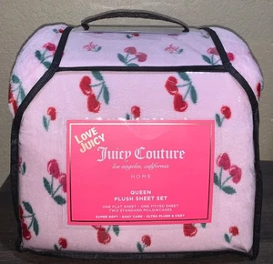 Juicy Couture 4pc QUEEN Plush Sheet Set Pink w/Red & Pink Cherries &JC Monograms - Picture 1 of 4