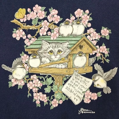 Sudadera vintage Morning Sun Cat & Birdhouse para mujer mediana azul marino Foto 1 de 4