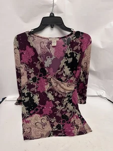 Susan Lawrence Damen Bluse Medium glänzend rosa Langarm V-Ausschnitt - Bild 1 von 3