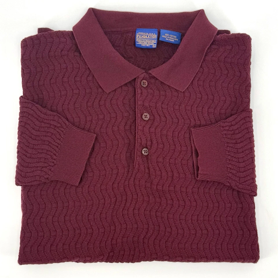 1990's Vintage Pendleton Burgundy Cotton Knit Sweater Pullover Mens XL Collared - Image 1 of 4