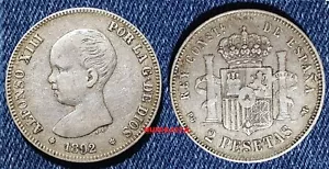 Moneda de 2 pesetas Plata Alfonso XIII año 1892*1º 92. Peso actual 9,92 gr. - Foto 1 di 2