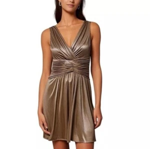 BCBGMaxAzria Gold Metallic Plissee ärmelloses Kleid Fit N Flare XS Y2K 00s NYE - Bild 1 von 9