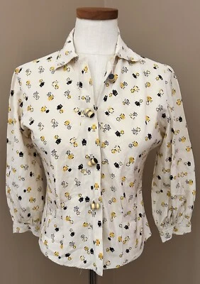 1950s Novelty Owl Print Blouse 50s Rockabilly Retro MCM  B2 - Image 1 of 4