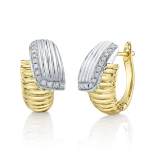 Diamond Ribbed Fluted Hoop Earrings 14K Gold Natural Certified - Picture 1 of 3